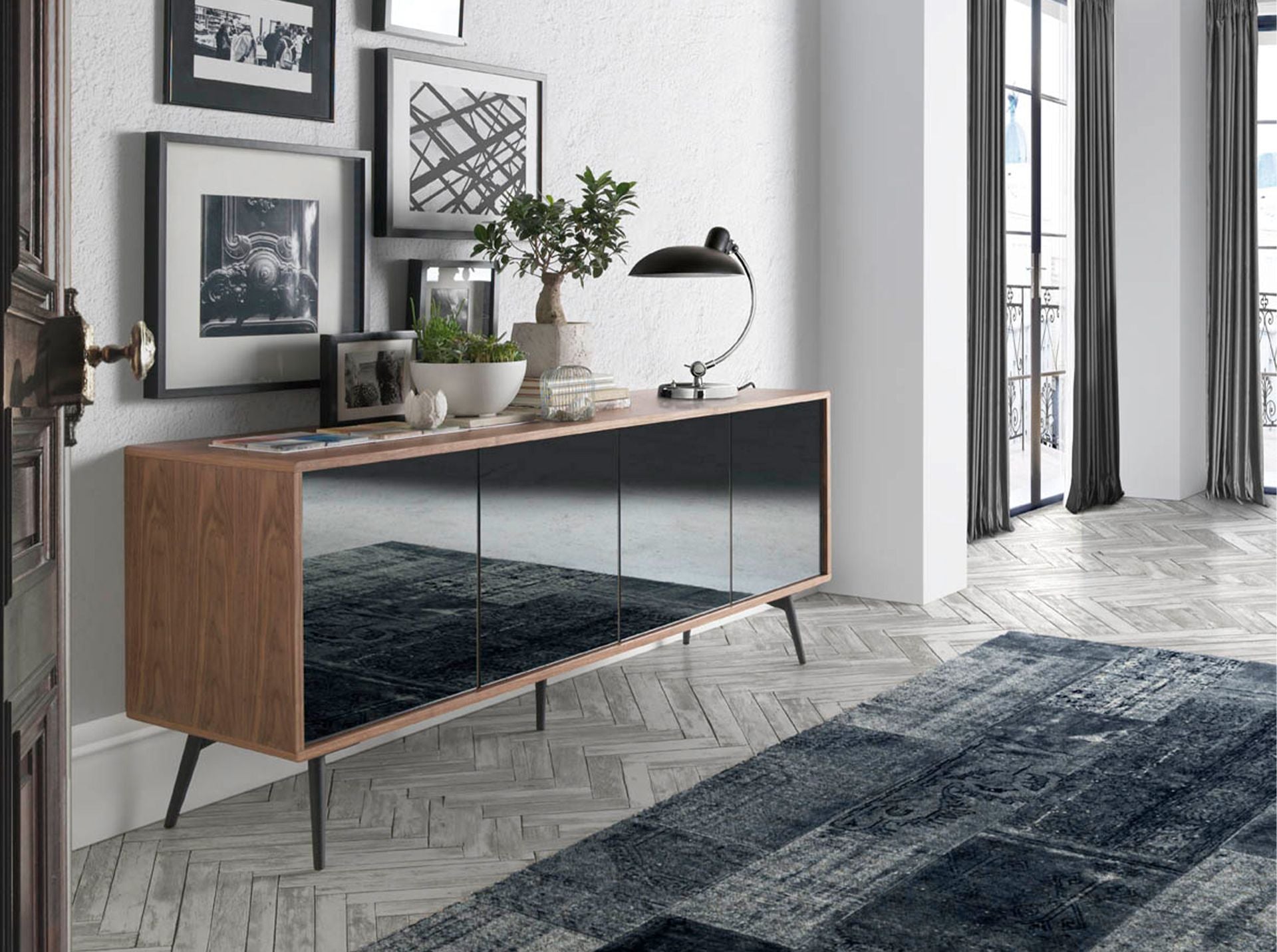 Angel Cerdá 3061 - Modern Dressoir Zwart Spiegelglas en Walnoot