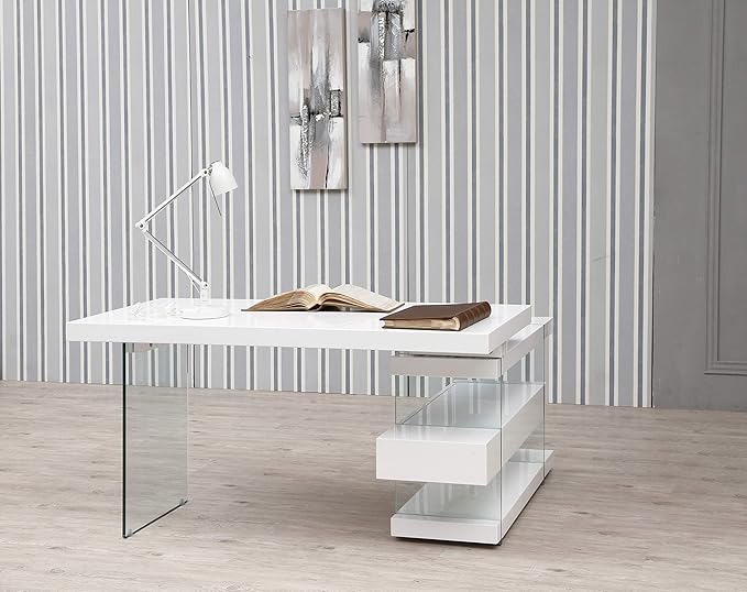 Angel Cerdá 3002 - Modern Bureau Wit Hout met Gehard Glas & Laden