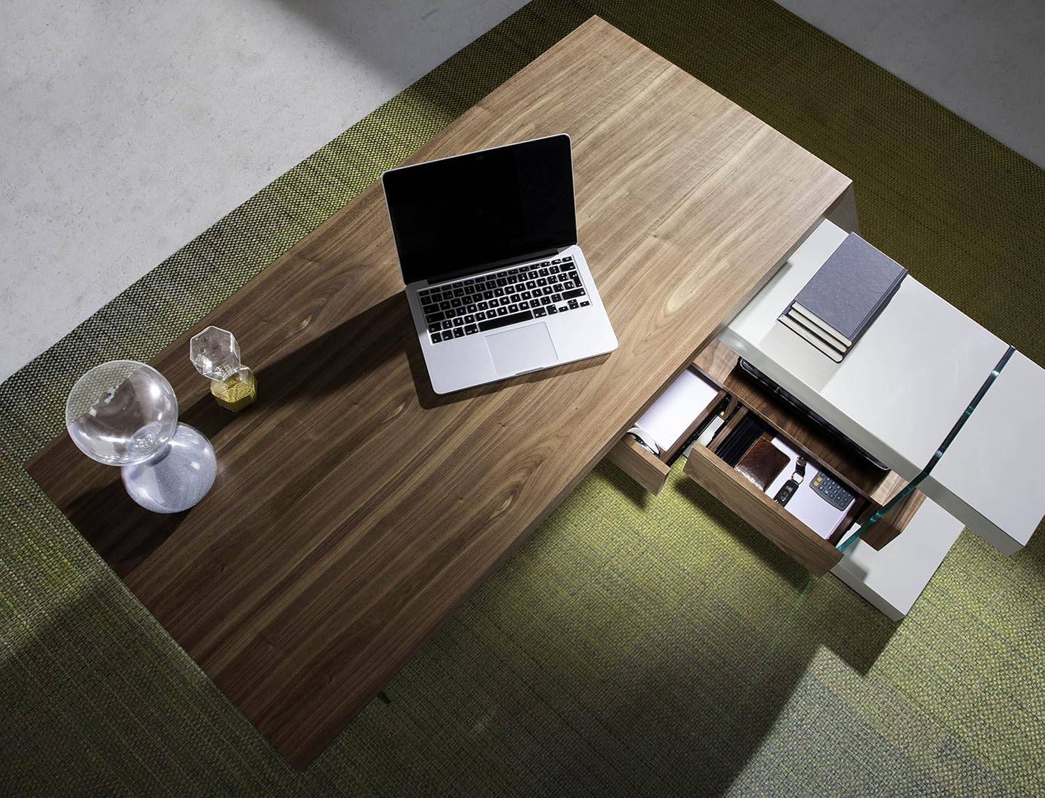 Angel Cerdá 3003 - Modern Bureau Grijs Hout met Walnoten Blad & Glas
