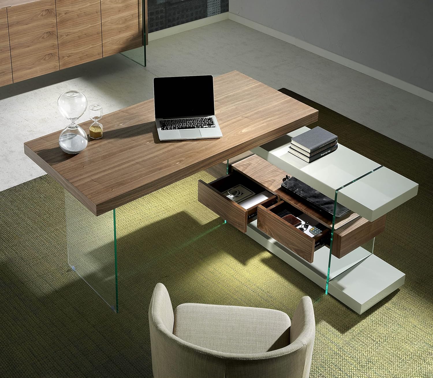 Angel Cerdá 3003 - Modern Bureau Grijs Hout met Walnoten Blad & Glas