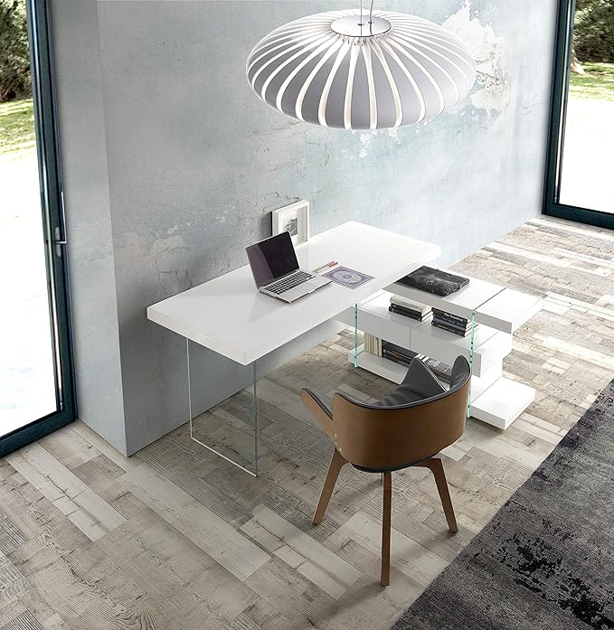 Angel Cerdá 3002 - Modern Bureau Wit Hout met Gehard Glas & Laden