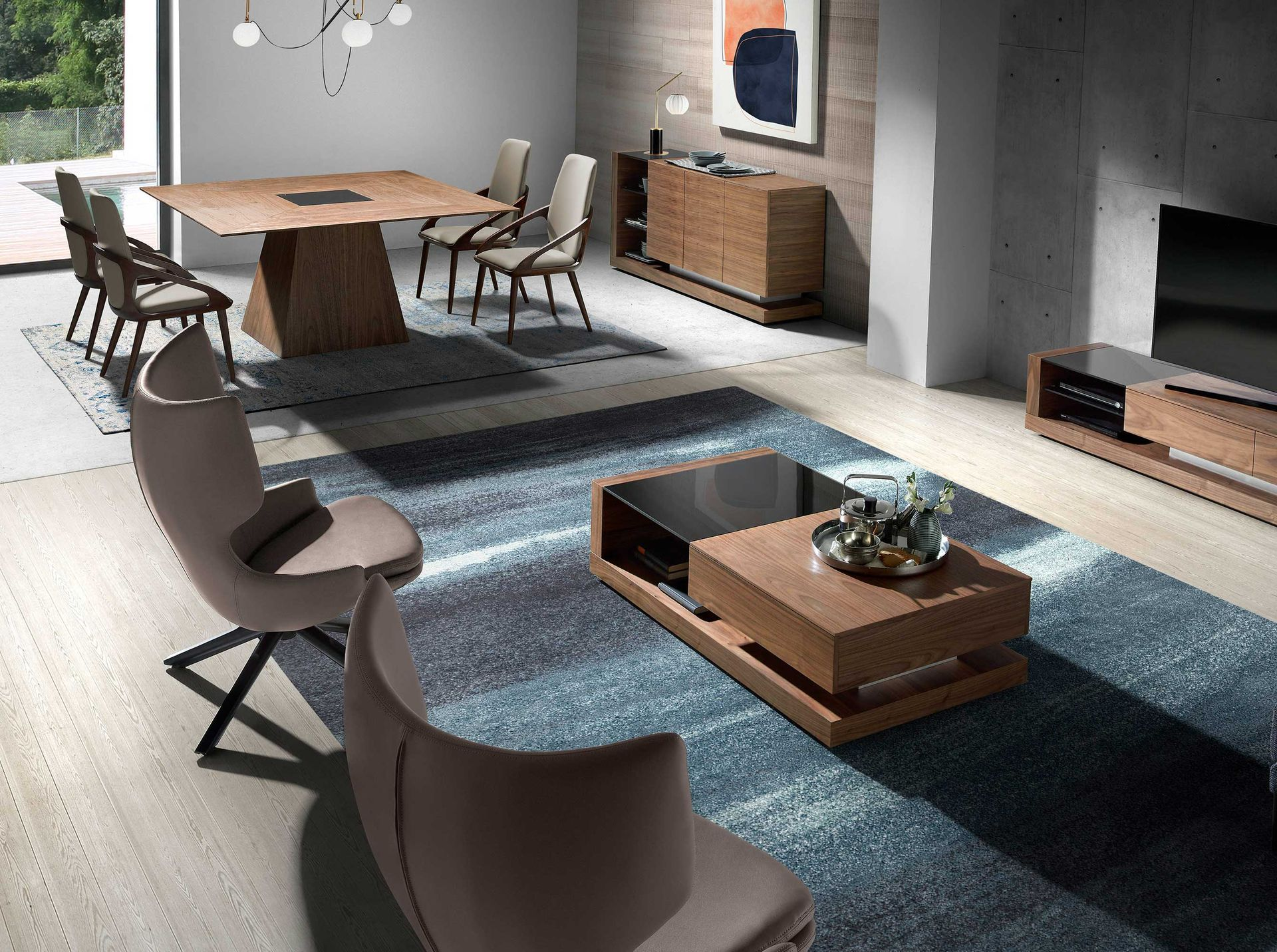 Angel Cerdá 1079 – Moderne vierkante eettafel van natuurlijk walnootfineer
