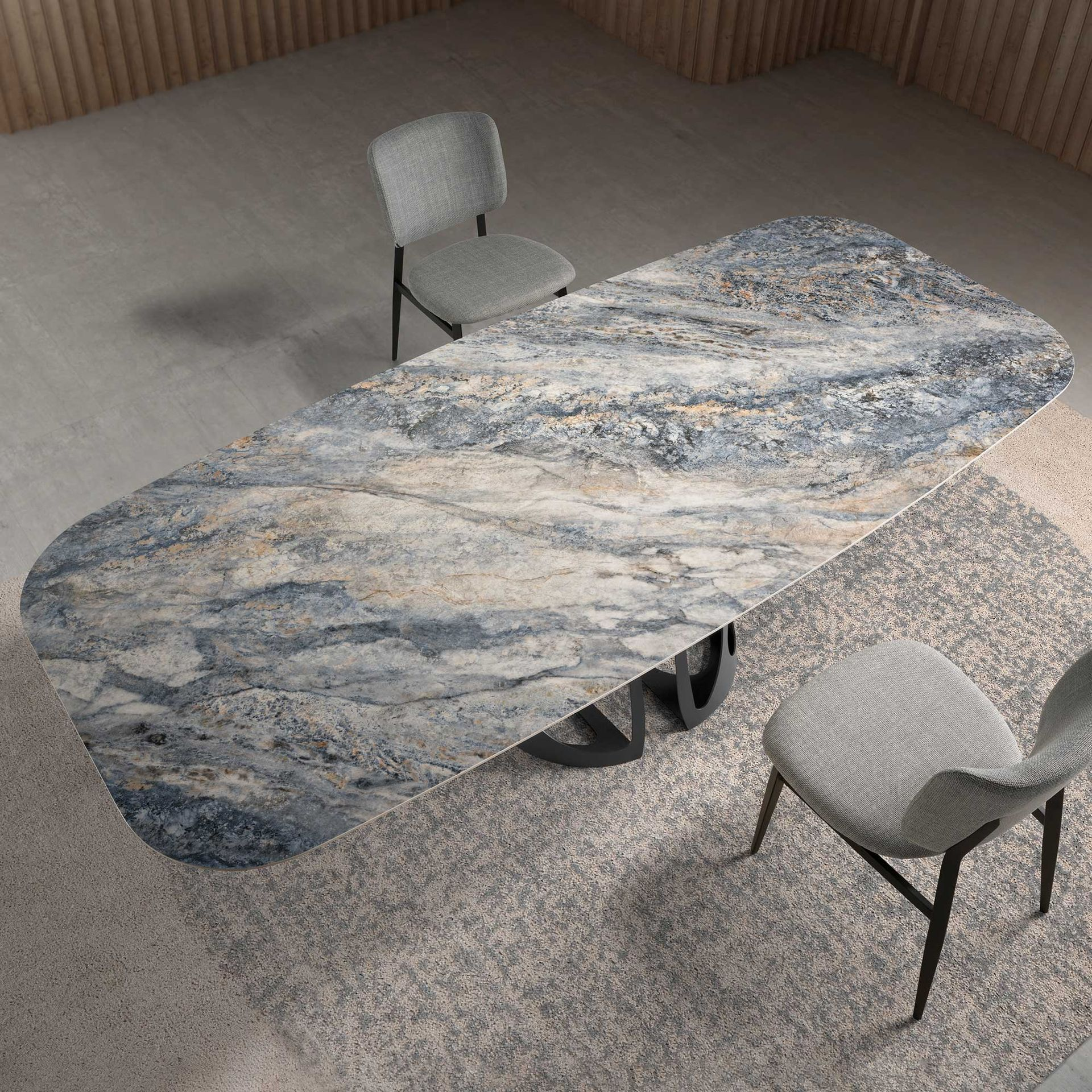 Angel Cerdá 1136 – Elegante ovale eettafel in blauw porselein marmer en zwart epoxystaal