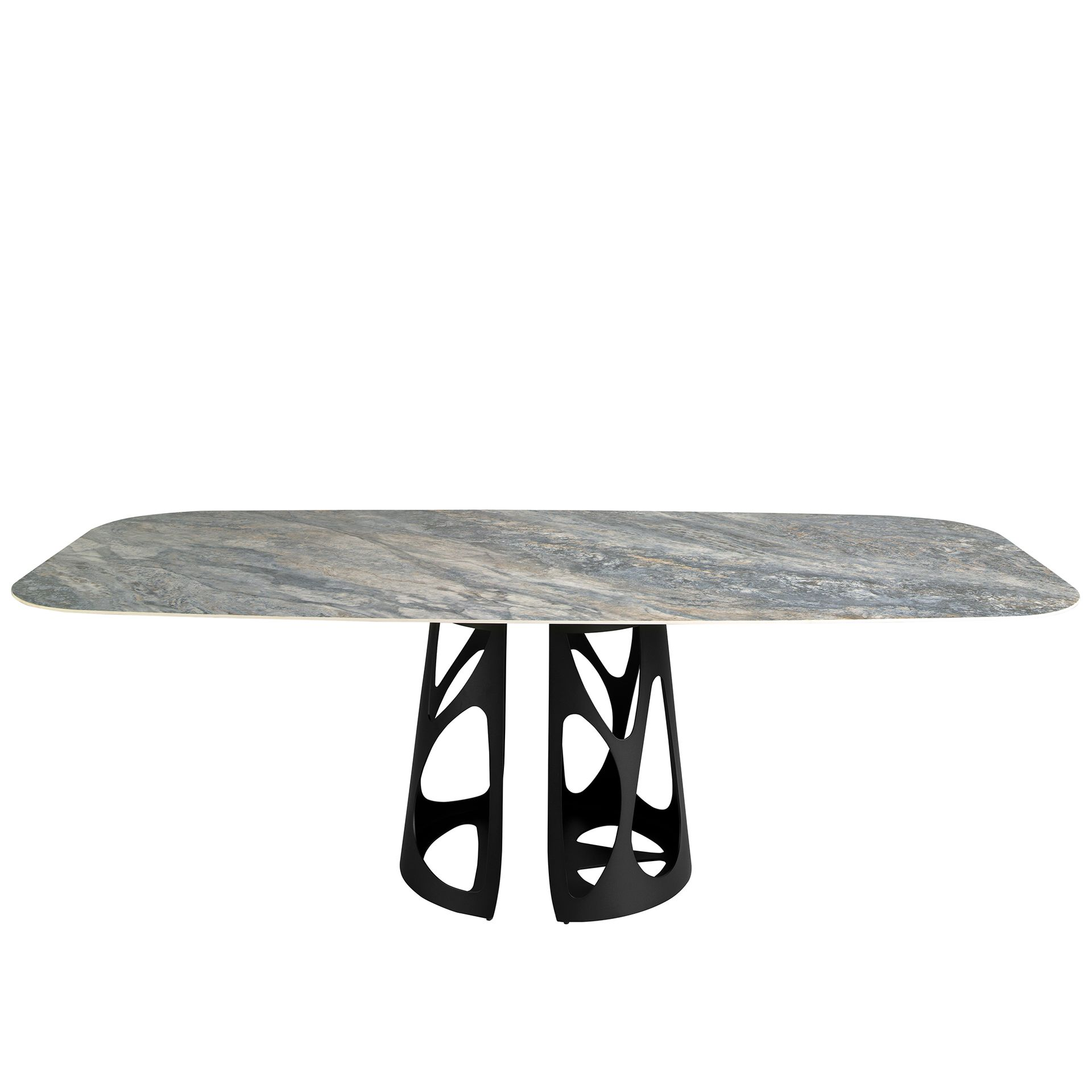 Angel Cerdá 1136 – Elegante ovale eettafel in blauw porselein marmer en zwart epoxystaal