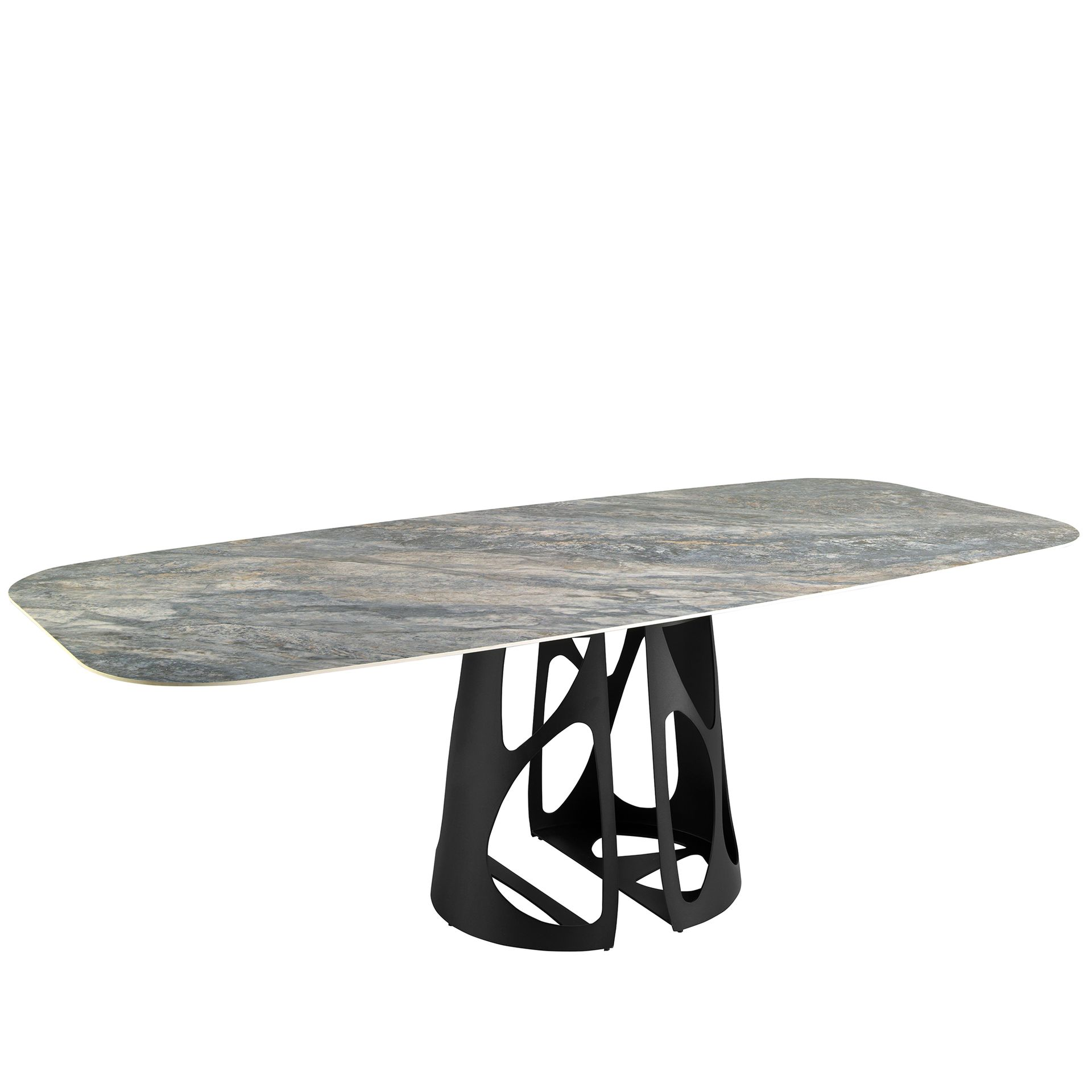 Angel Cerdá 1136 – Elegante ovale eettafel in blauw porselein marmer en zwart epoxystaal