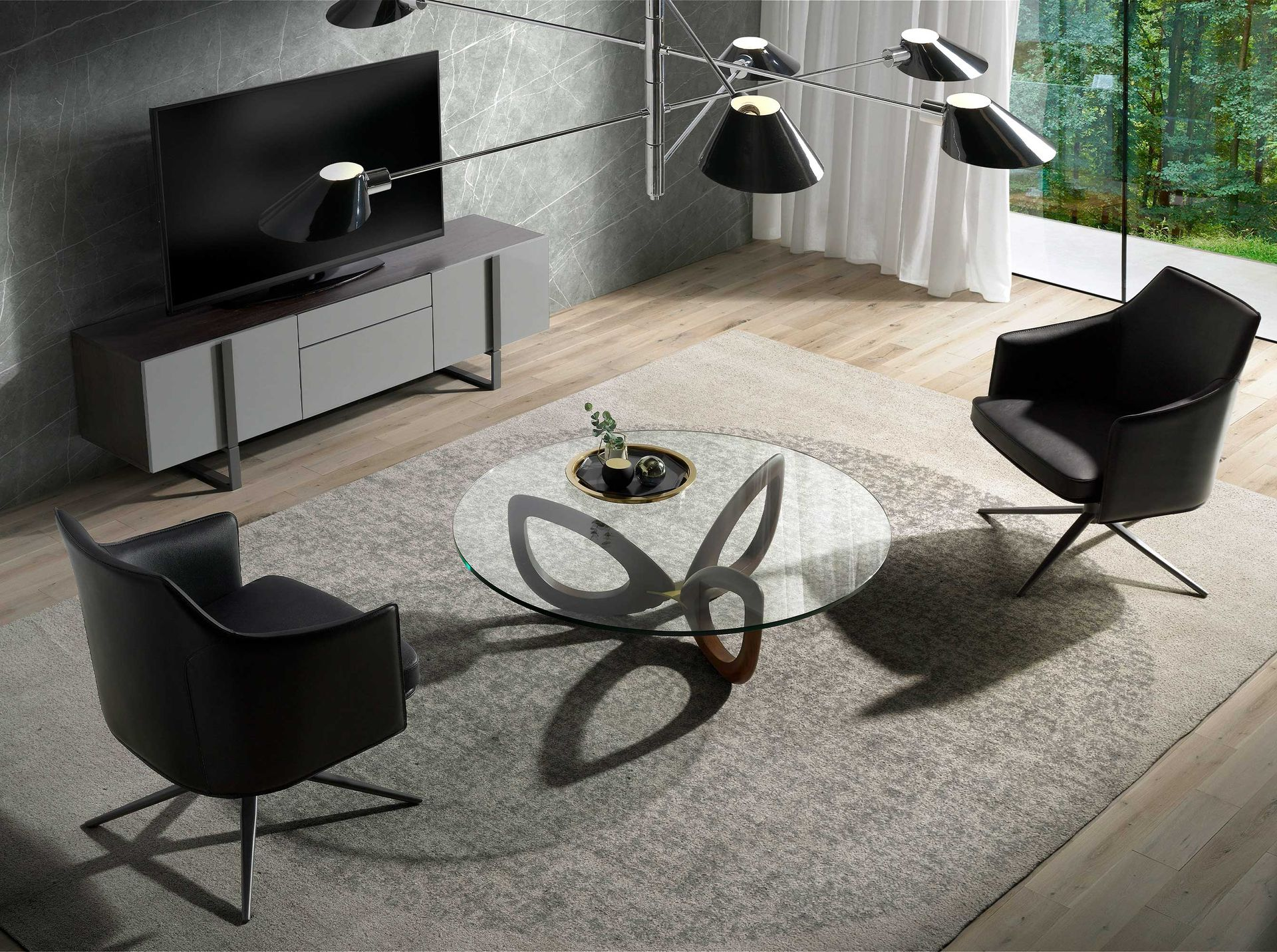 Angel Cerdá 2053 - Ronde salontafel van gehard glas en walnoot
