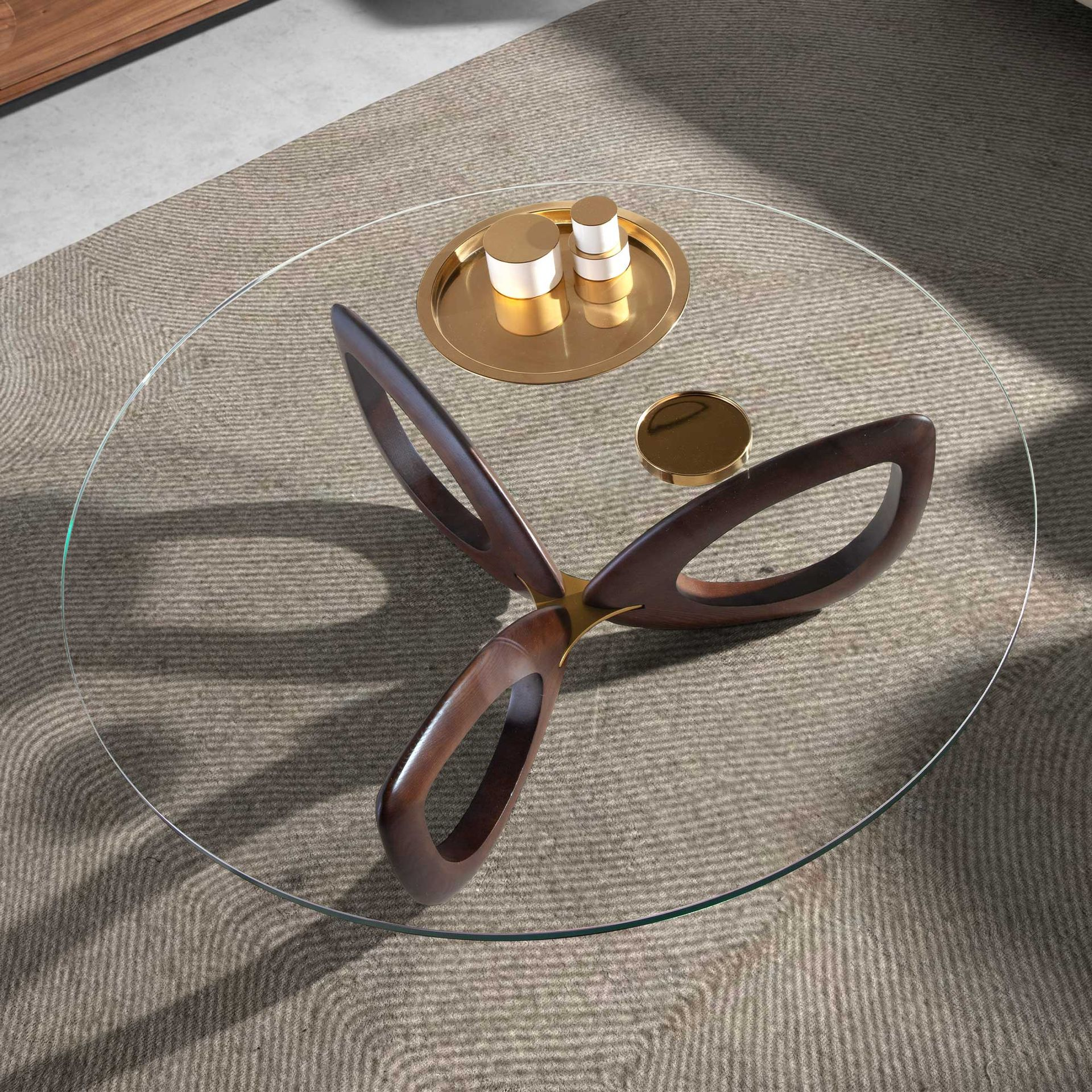 Angel Cerdá 2053 - Ronde salontafel van gehard glas en walnoot