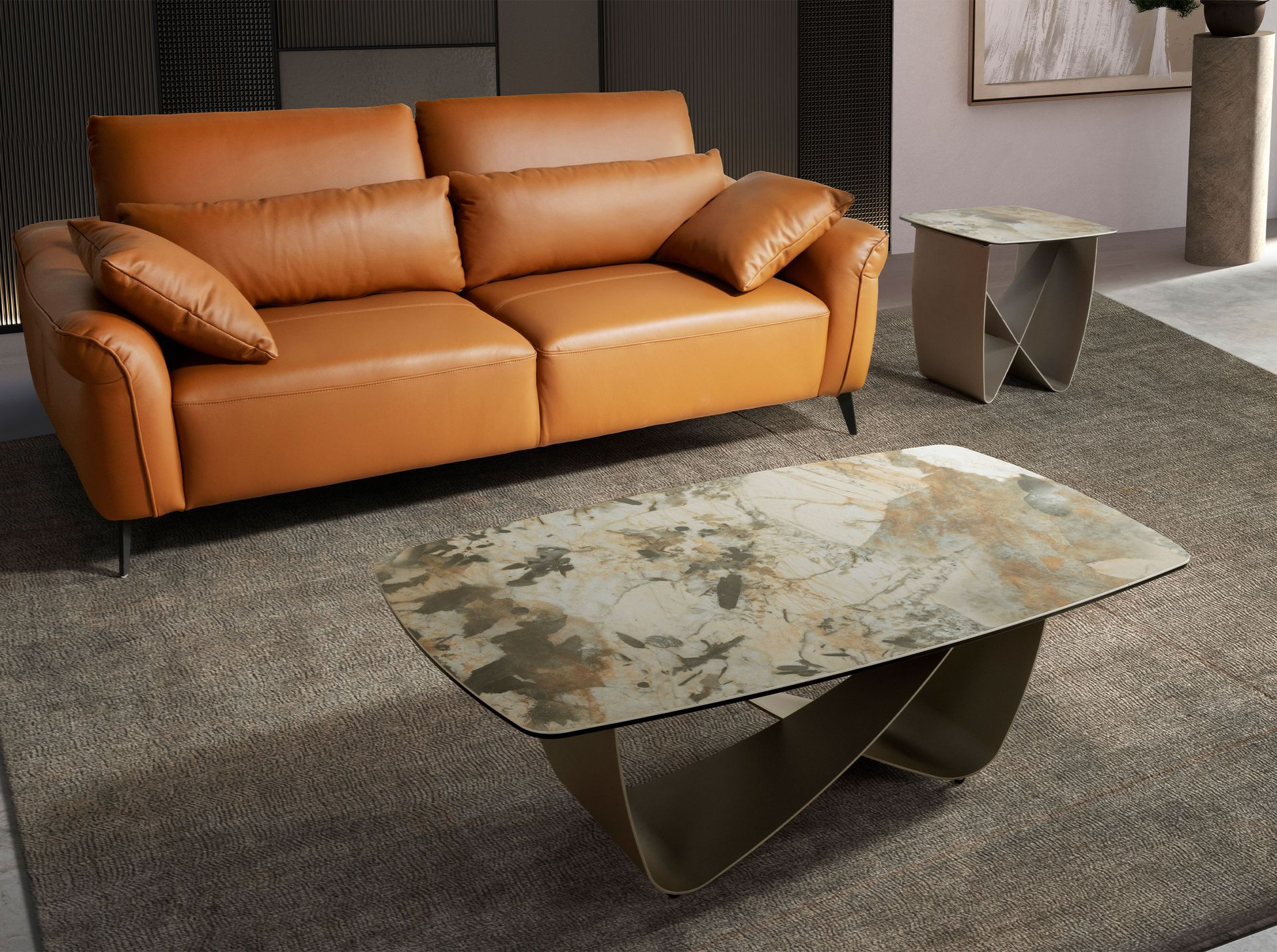 Angel Cerdá 2145 – Luxe vierkante hoektafel in porselein marmer en metallic taupe staal