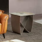 Angel Cerdá 2145 – Luxe vierkante hoektafel in porselein marmer en metallic taupe staal