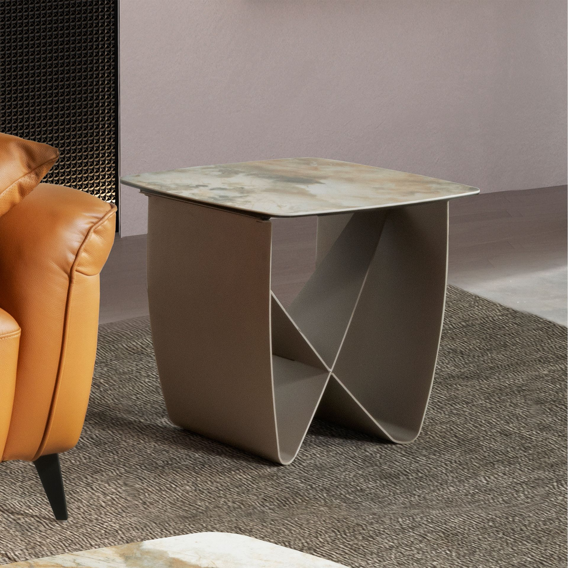 Angel Cerdá 2145 – Luxe vierkante hoektafel in porselein marmer en metallic taupe staal