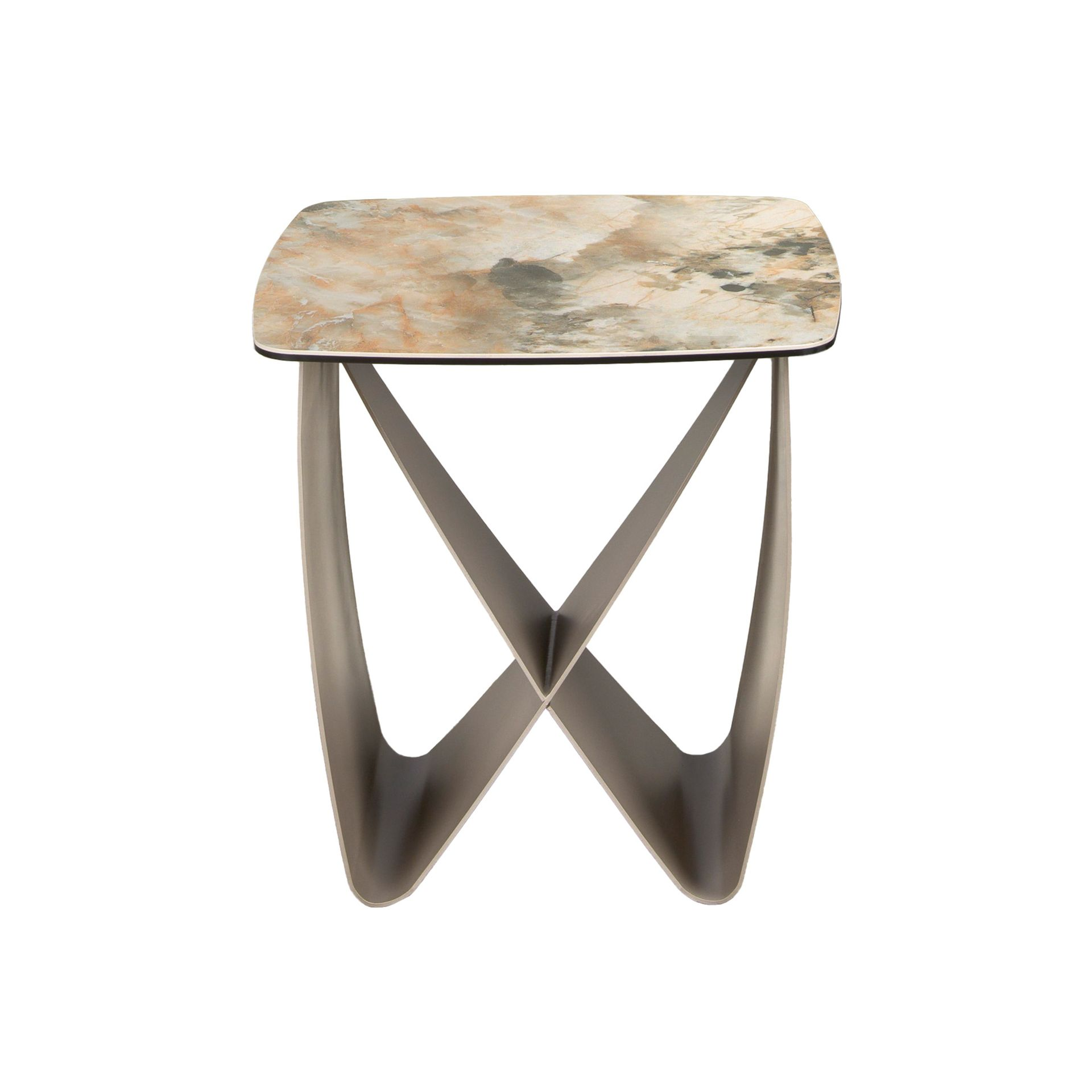 Angel Cerdá 2145 – Luxe vierkante hoektafel in porselein marmer en metallic taupe staal