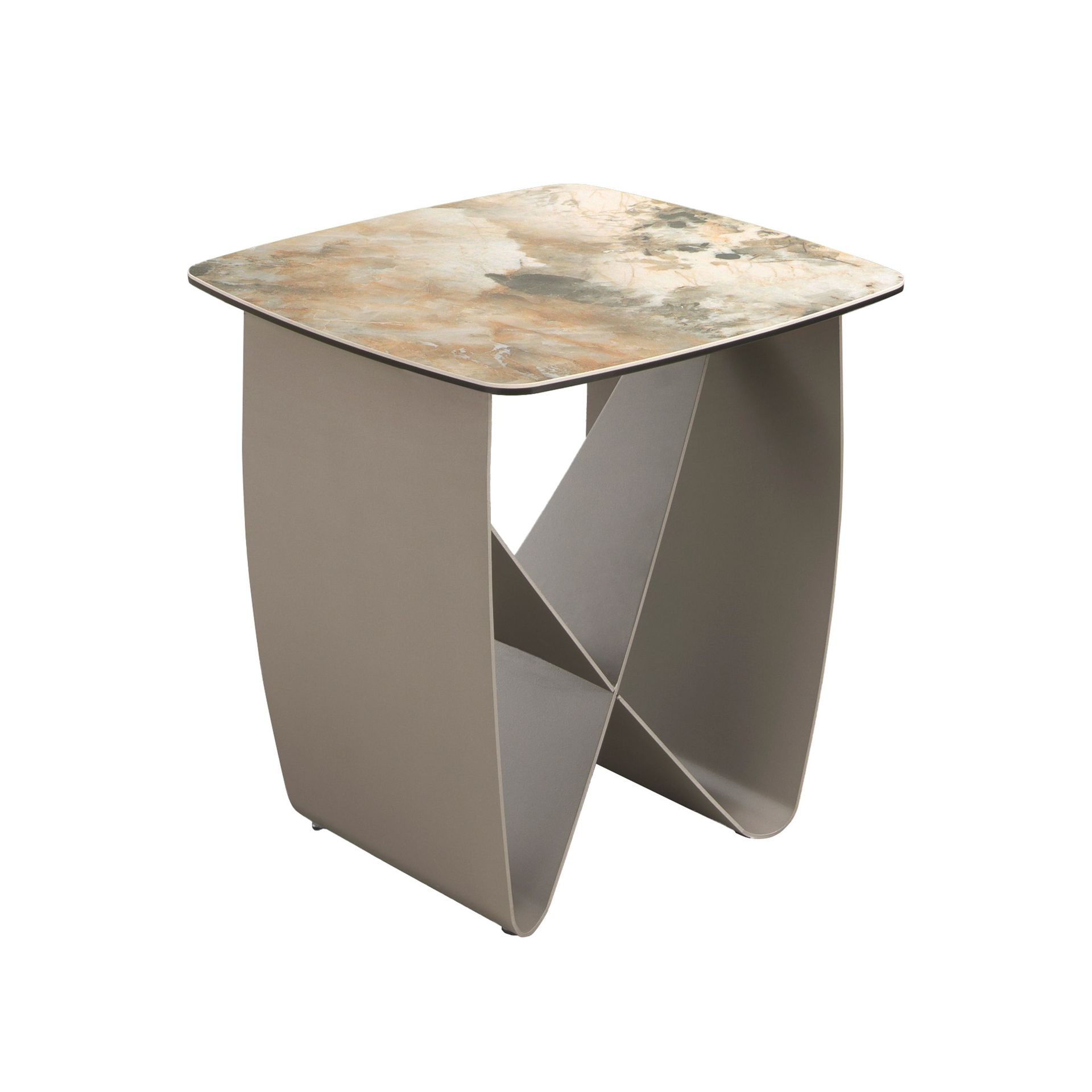 Angel Cerdá 2145 – Luxe vierkante hoektafel in porselein marmer en metallic taupe staal
