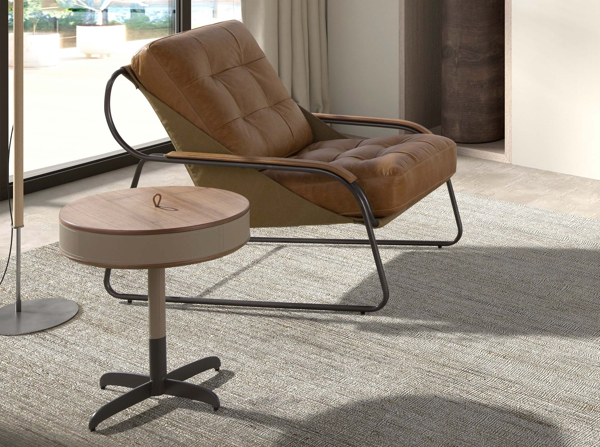 Angel Cerdá 2156 – Elegante ronde hoektafel van kunstleer, walnoot en grijs staal