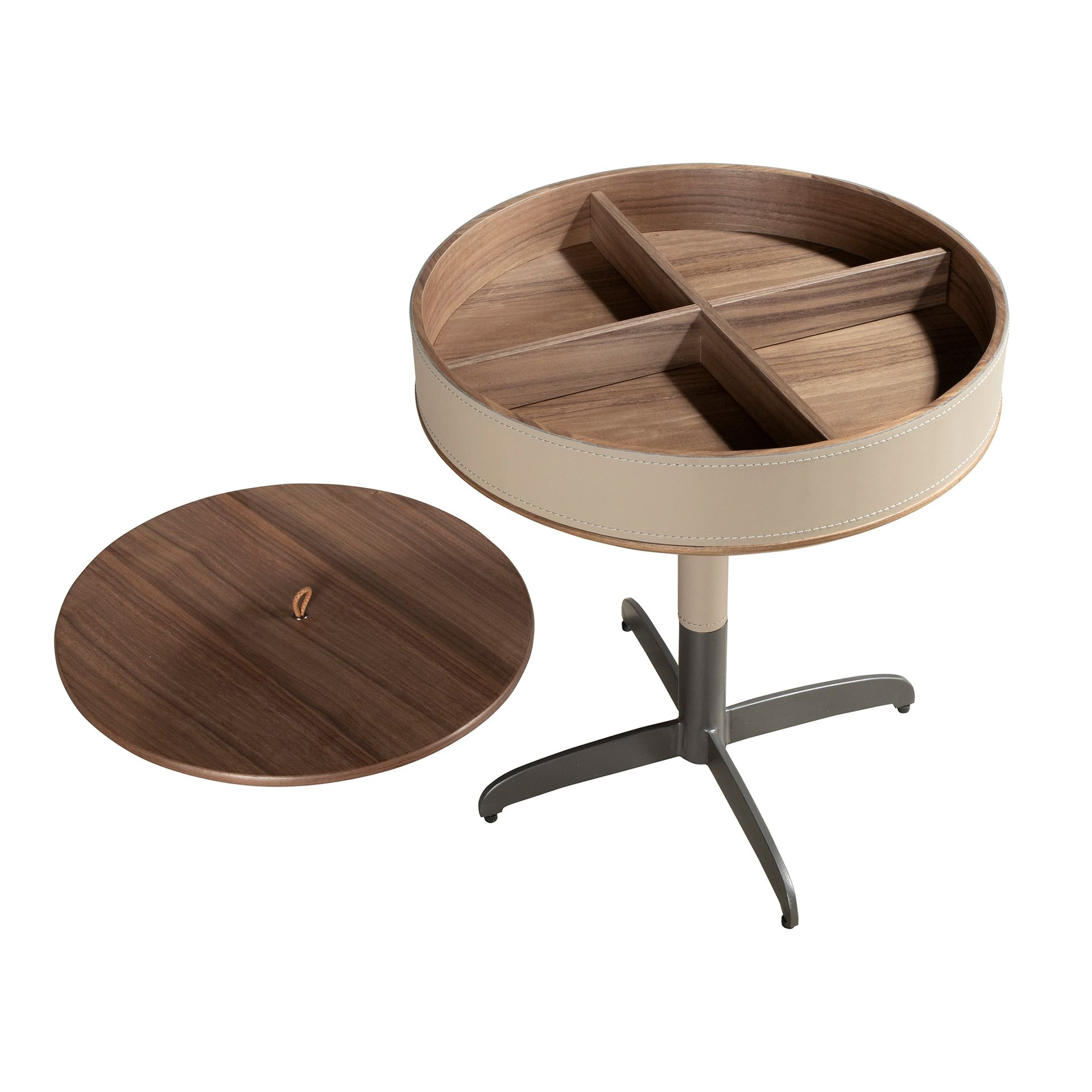 Angel Cerdá 2156 – Elegante ronde hoektafel van kunstleer, walnoot en grijs staal