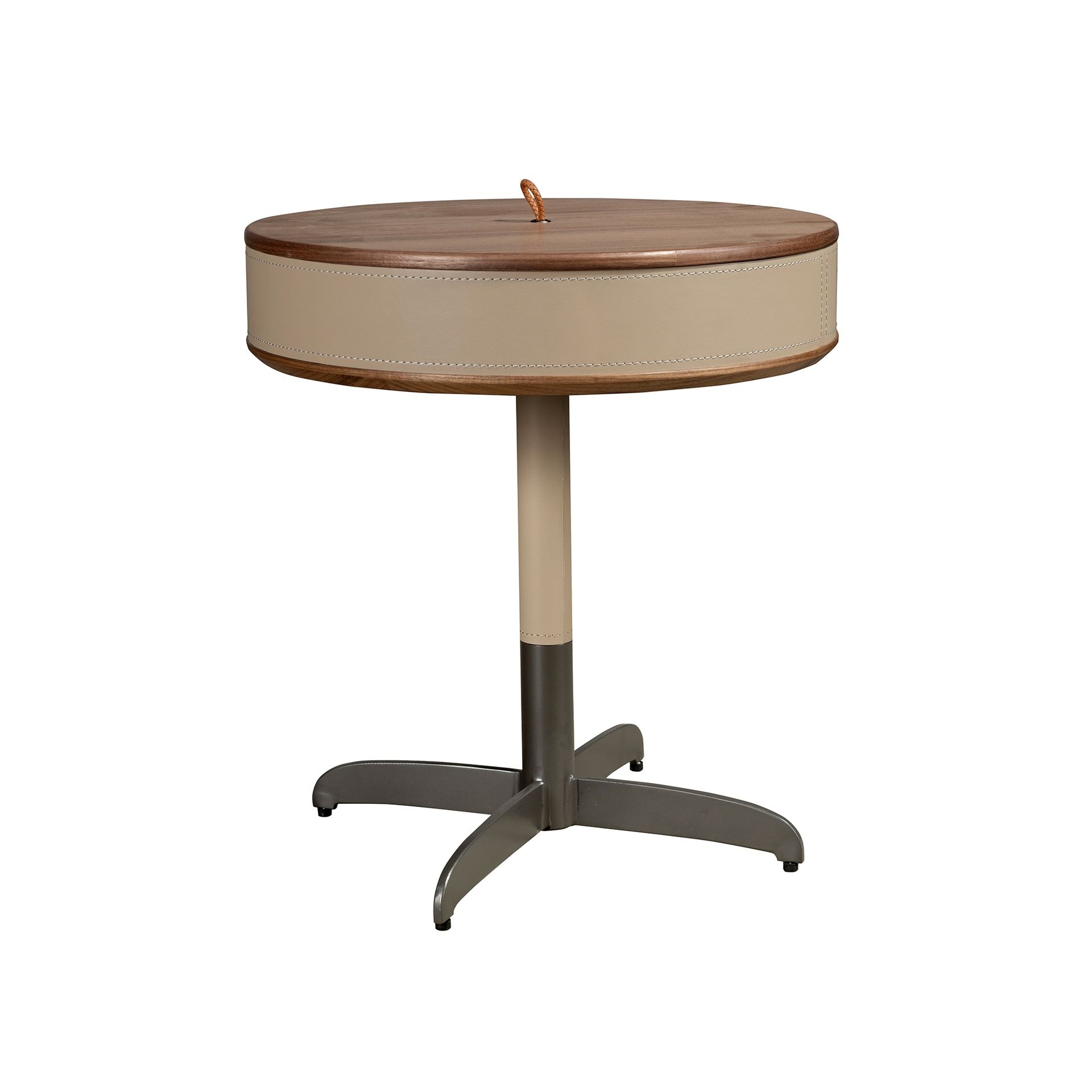 Angel Cerdá 2156 – Elegante ronde hoektafel van kunstleer, walnoot en grijs staal