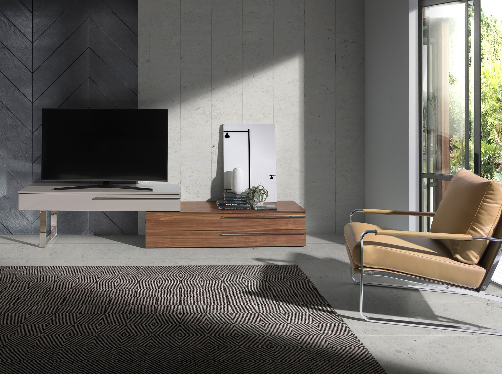 Angel Cerdá 3081 - TV-meubel van beige hout, walnoot en verchroomd staal