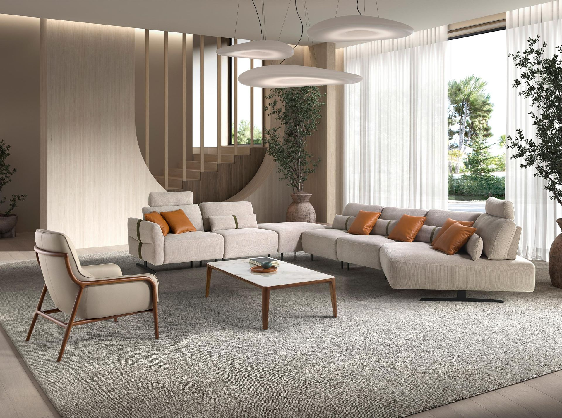 Angel Cerdá 6273 - Modulaire relaxbank met chaise longue rechts, stof zandkleurig
