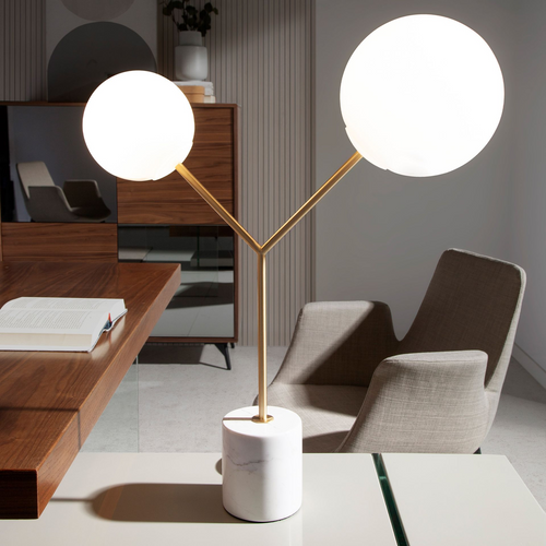 Angel Cerdá 8050 – Luxe Tafellamp van Wit Marmer, Goudkleurig Staal en Wit Glas